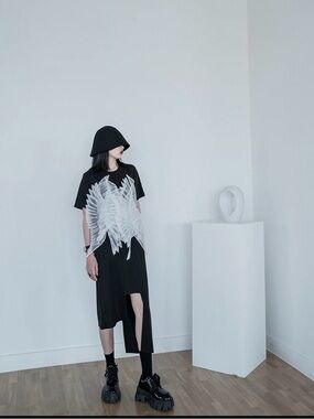 Black Graphic Midi Dress with White Feather Print